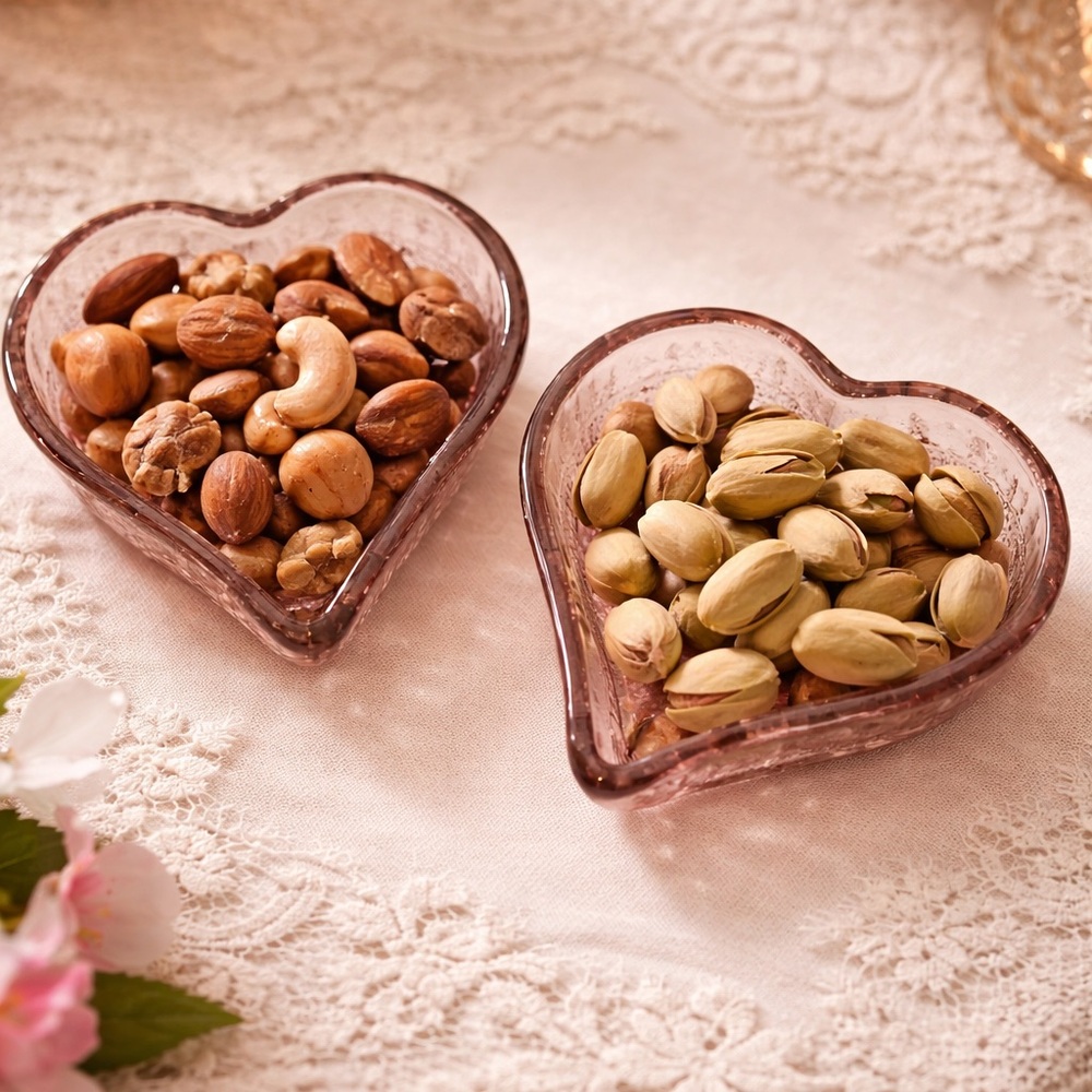 Set of 2 Heart-Shaped Glass Dishes in amethyst.